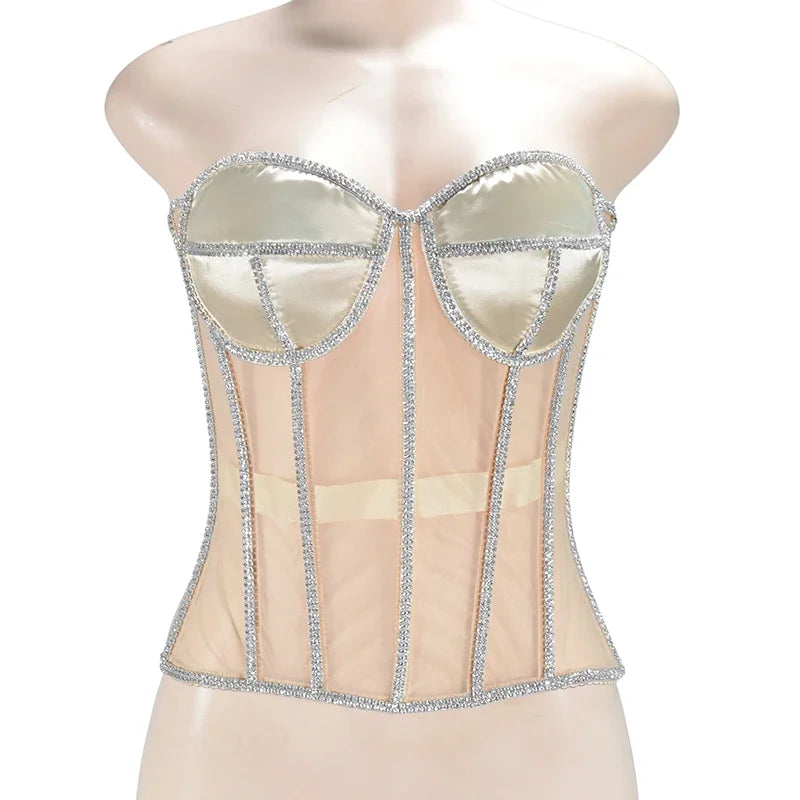 Luxury Crystal Women Corset Slim Bright Rhinestone Vest Sexy Transparent Mesh Bra Black Lace Netting Female Bustiers Lingerie