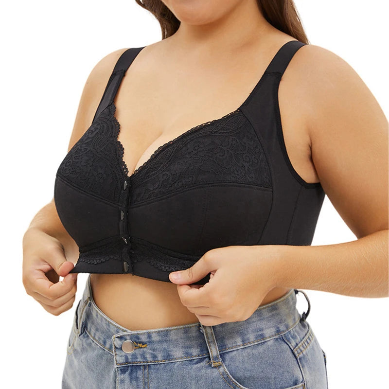 A-G Cup Women Plus Size Bra Front Closure Push Up Wire Free Brassiere Sexy Wireless Lace Breathable Bralette Underwear Lingerie
