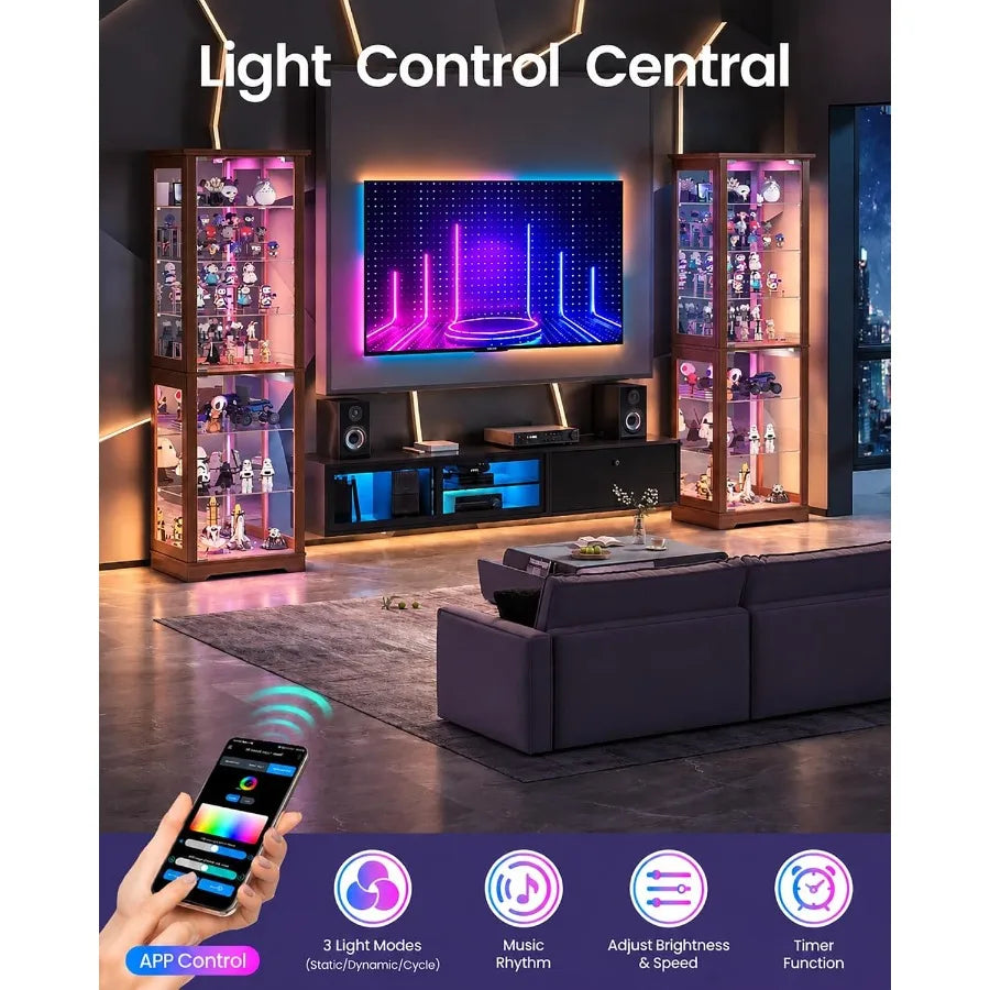 Display Cabinet with RGB Lights and Glass Doors for Collectibles: Tempered Glass, Black, Adjustable LED Lighting