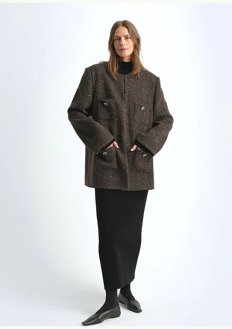 Circle Texture Sequined Wool Tweed Round Neck Long Chanel Style Coat