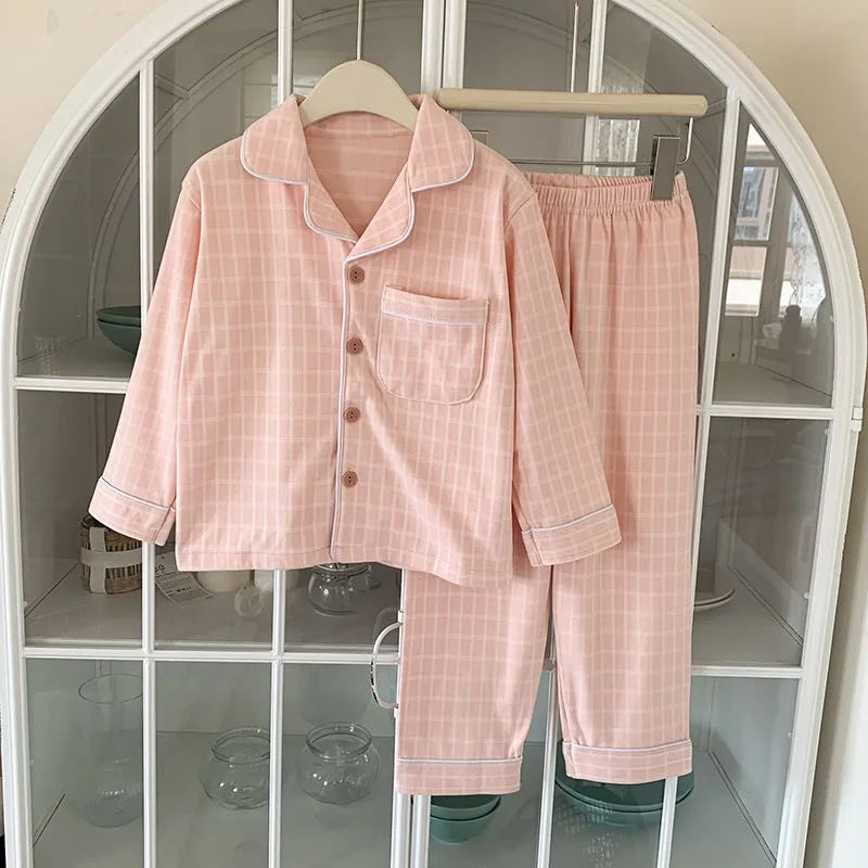 Baby Girl Boy Plaid Pajamas Set Toddler Teens Child Sleepwear Solid Kids Home Suit Spring Autumn Winter Baby Clothes 3-14Y