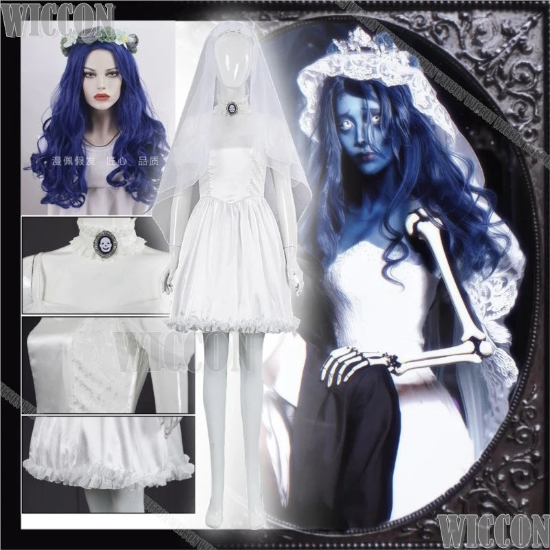 Corpse Bride Anime Emily Cosplay Fancy Outfit Gothic Clothes White Wedding Dress Veil Blue Wig Withered Garlands Prop Halloween
