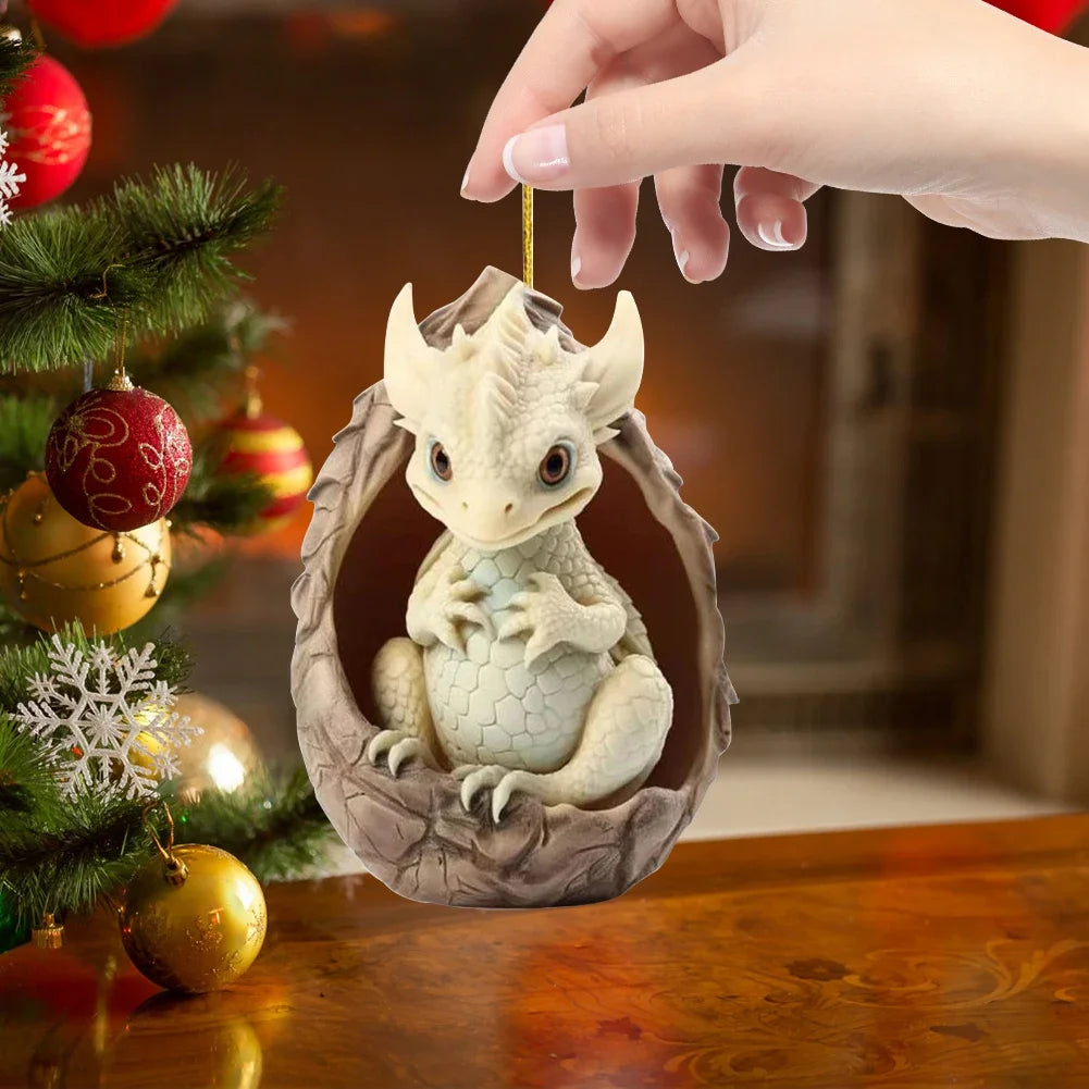 2D Acrylic Dragon Baby Egg Ornament Christmas Dragon Egg Tree Pendant Cartoon Car Keychain Hanging Decoration Xmas Cute Decor