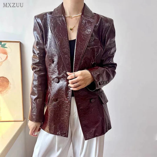 Women's Genuine Leather Sheepskin Coats Autumn Lapel Two Buttons Burgundy Long Loose High-Grade Waxed Goatskin Suit Jacket Lady