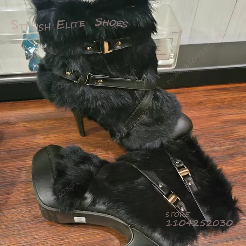 Long Hair Tassel Brown Calf Black Leather Boots Women Round Toe Platform Stiletto Heel Buckle Zip Grey Plush Ankle Booties Shoes