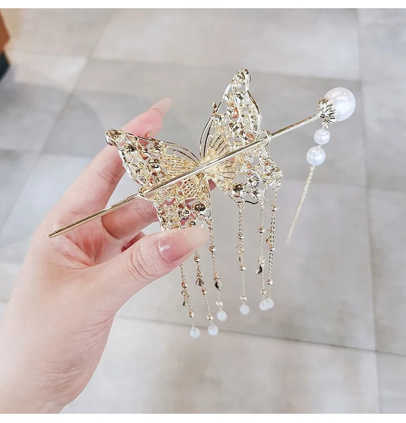 Luxurious Elegant Colored Pearl Butterfly Tassel Alloy Hair Clip Women's Bundle Hair Clip Party Fashionable Hair Accessory