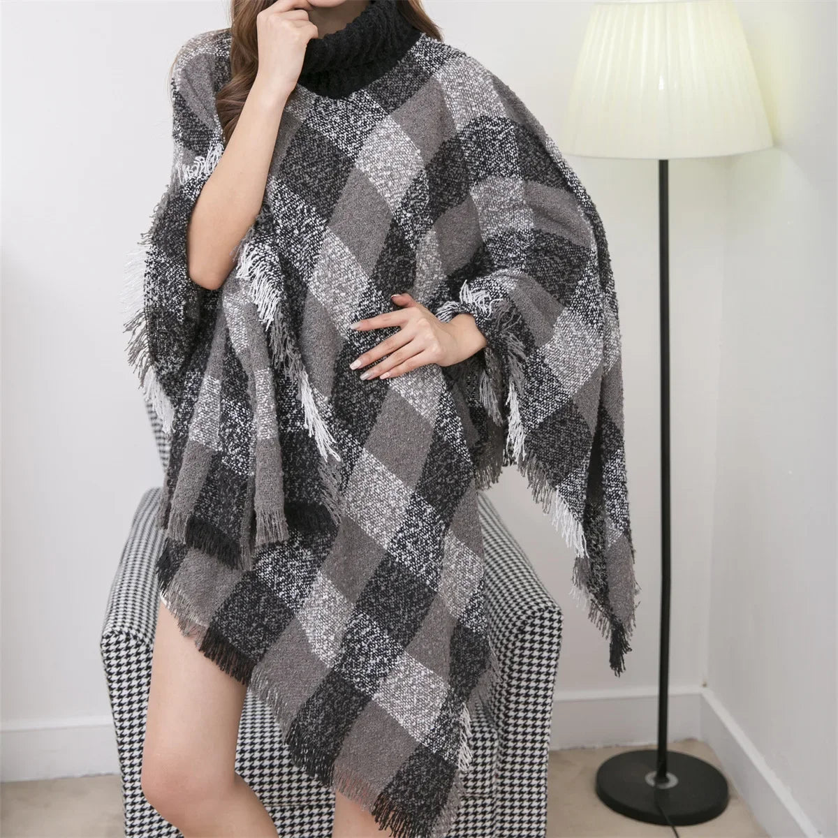 New Women Autumn Winter Striped Knitted Poncho Shawl Sweater Overcoat Streetwear Thick Warm High Neck Loose Knitwear Long Coat