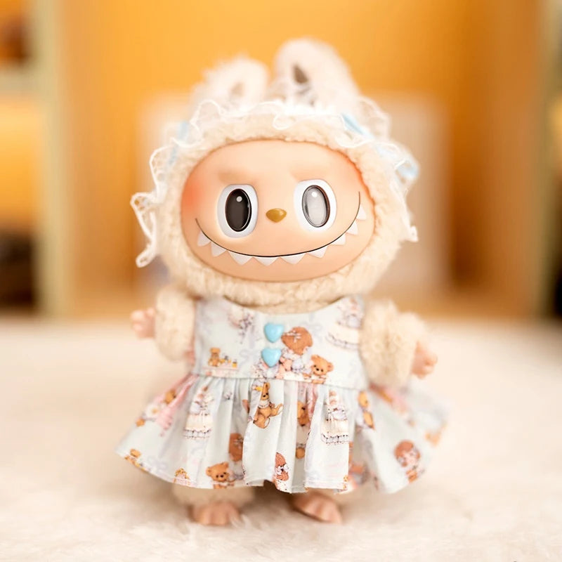 17cm Labubu Doll Clothes Lace Headband Cartoon Bear Print Dress Baby Pendant Clothes Suspender Pants Clothes Replacement Gift
