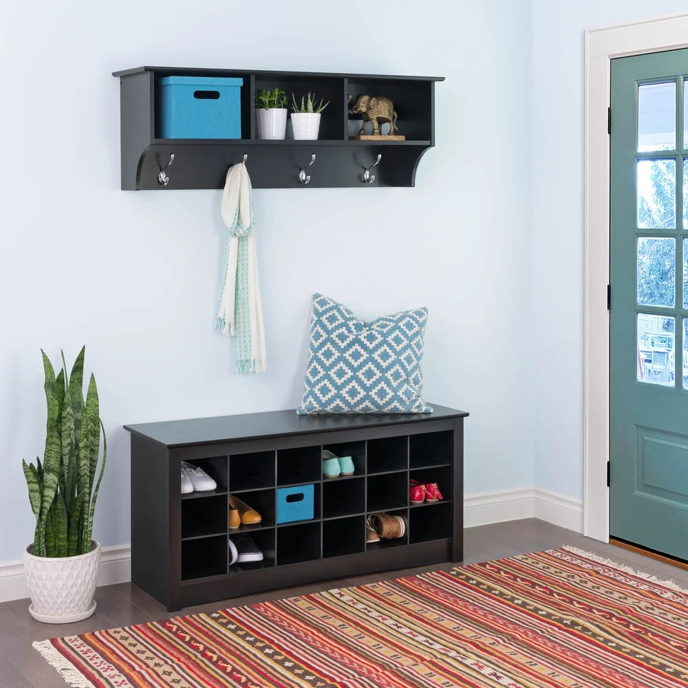 18 Pair Shoe Storage Cubbie Bench Indoor Entryway Organizer Durable Composite Wood Black Easy Assembly Utility Room