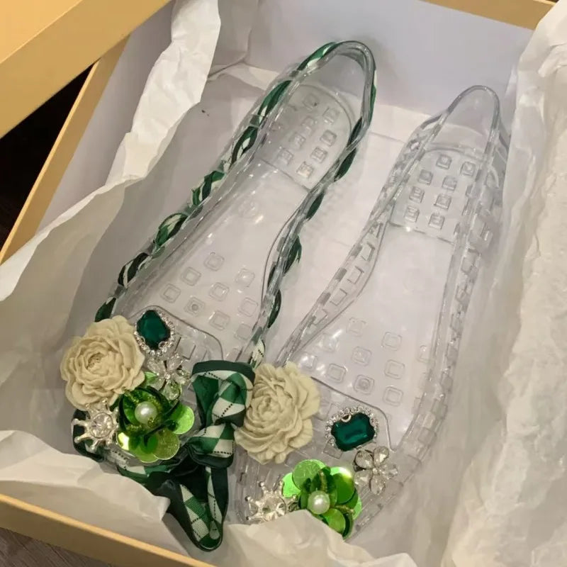 New Style Square-toe Open-toe Sandals with Flat Sole Jelly-style Shoes DlY Shoes Floral Handcrafted Withcrystals and Nettin