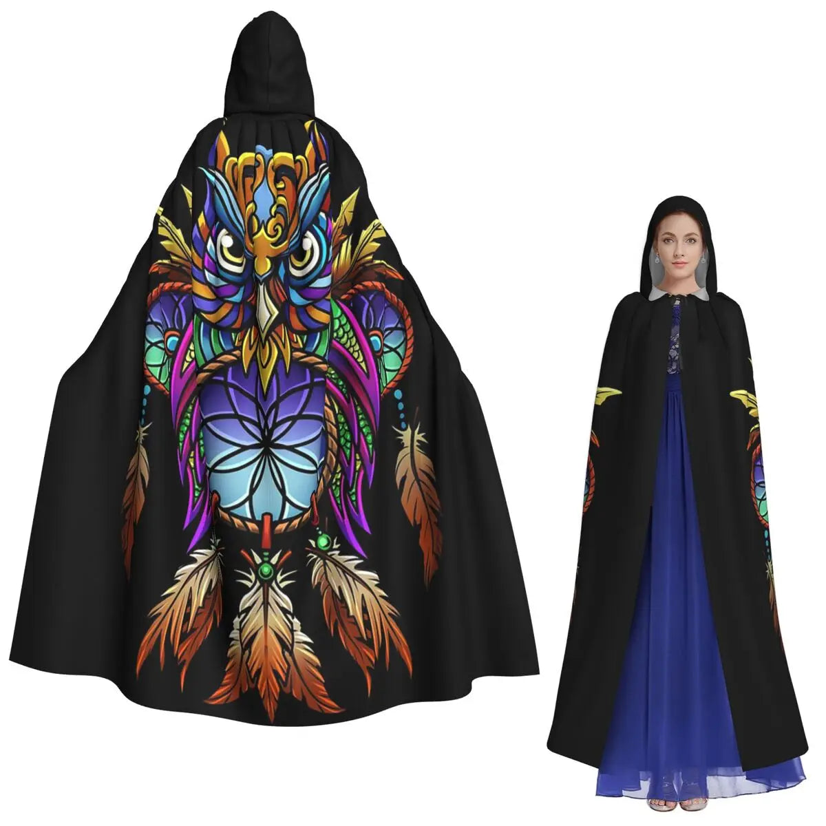 Dreamcatcher Owl Long Hooded Cloak Witch Medieval Costume Cosplay Cape HalloweenVampire Adult Unisex