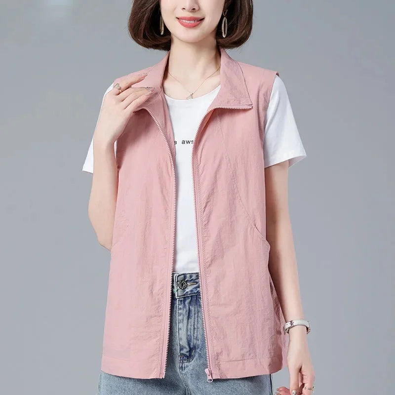 New Spring Summer Thin Blue Vest Women Lined Casual Sleeveless Jacket Basic Coats Turndown Collar Zipper Waistcoat Female Tops