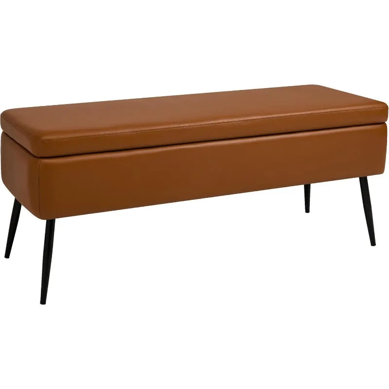 Leather Storage Ottoman Bench,End of Bed Bench Living Room Bedroom Dinning Room Entryway,Loads 660 lb (Without Button, Brown)