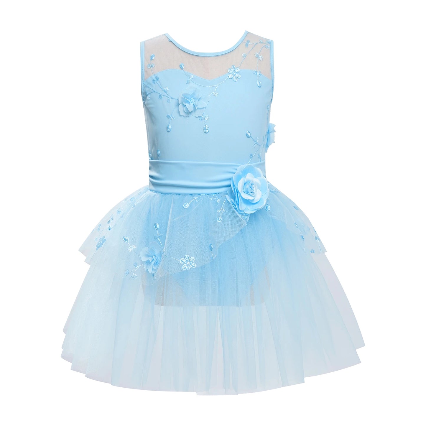 Kids Girls Ballet Dance Dress Ballerina Princess Costume Applique Embroidered Figure Skating Leotard Dress for Stage Performance