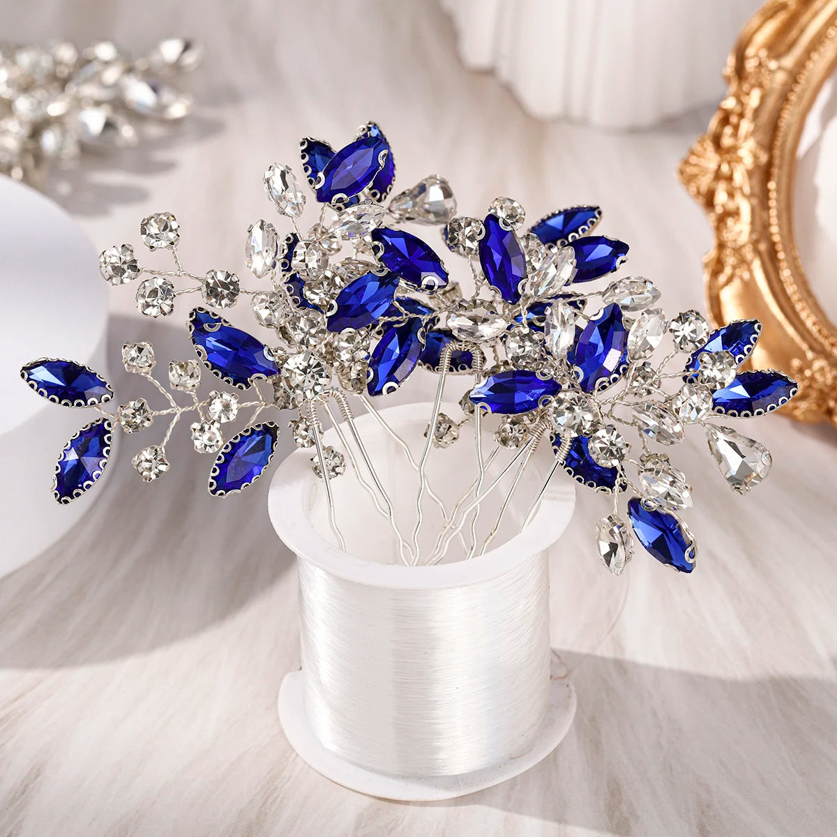 Blue Crystal Bride Elegant Hair Pins Fashion Leaves Rhinestones Hair Clips Headwear For Women Party Jewelry Hair Accessories