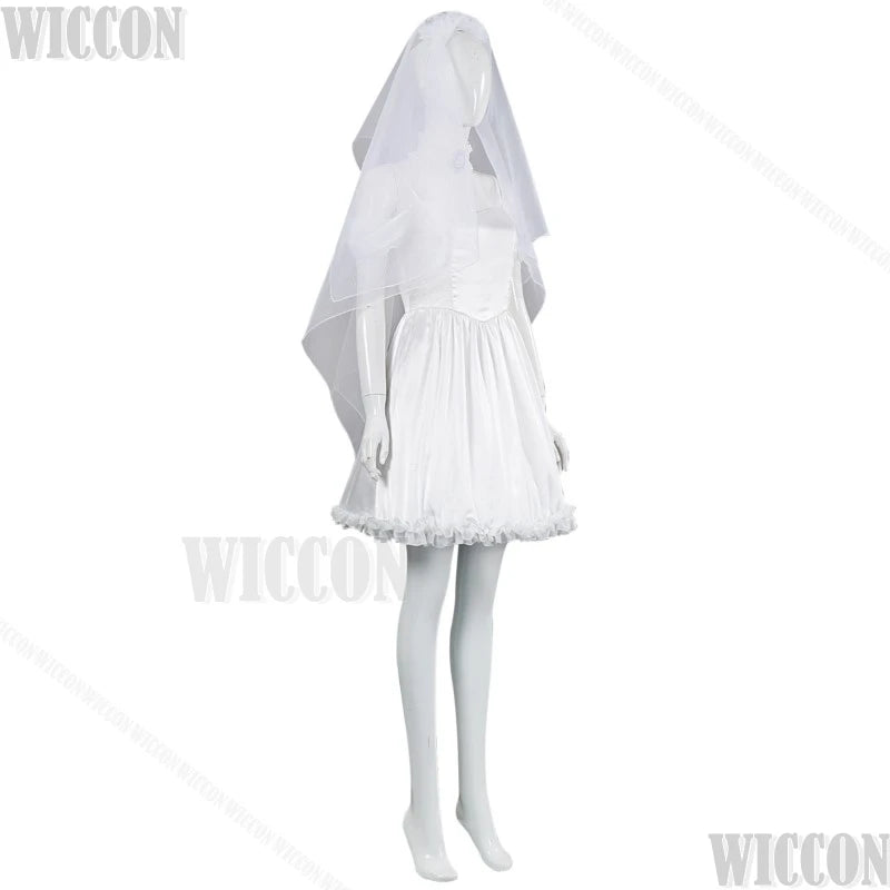 Corpse Bride Anime Emily Cosplay Fancy Outfit Gothic Clothes White Wedding Dress Veil Blue Wig Withered Garlands Prop Halloween