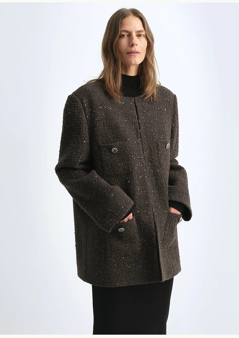 Circle Texture Sequined Wool Tweed Round Neck Long Chanel Style Coat