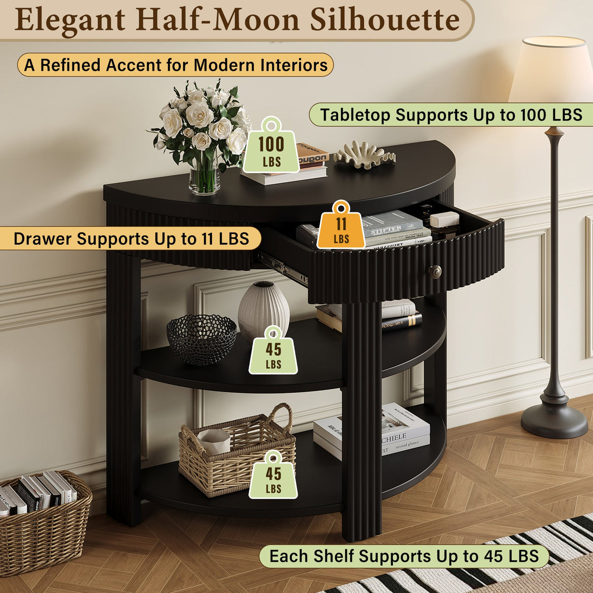 Fluted Half Moon Console Table with Drawer and 2 Shelves for Entryway,