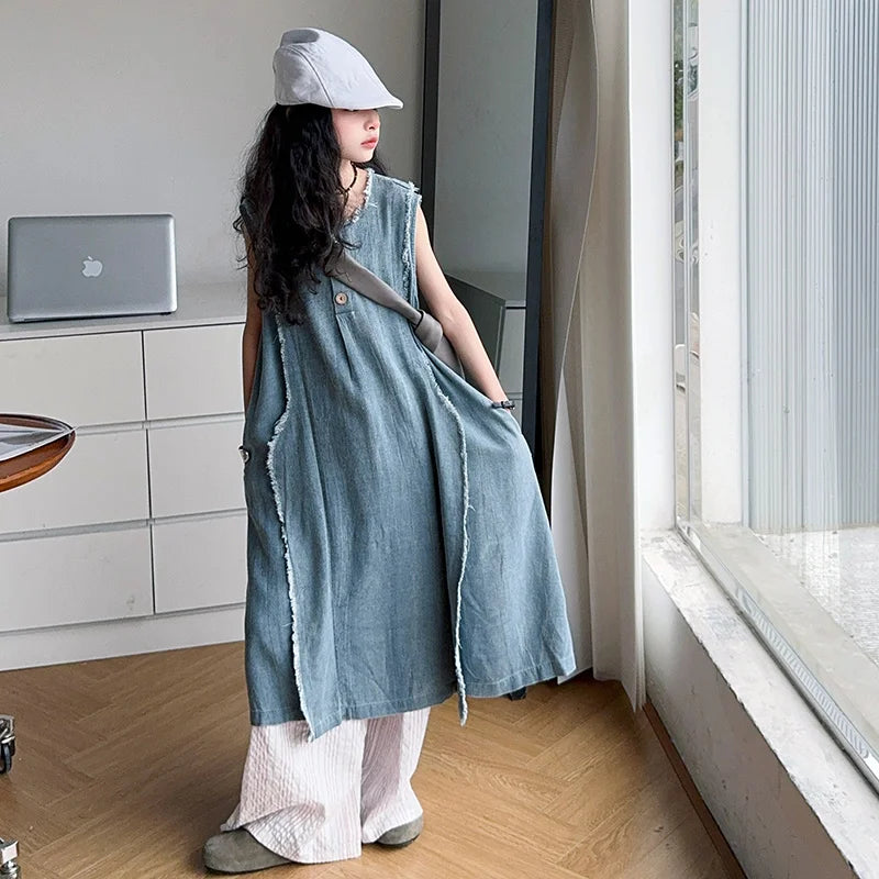 Loose Style Kids Luxury Summer Denim Dresses for Teenage Girl High Fashion Street Outfits Children Casual Sleeveless Jeans Dress