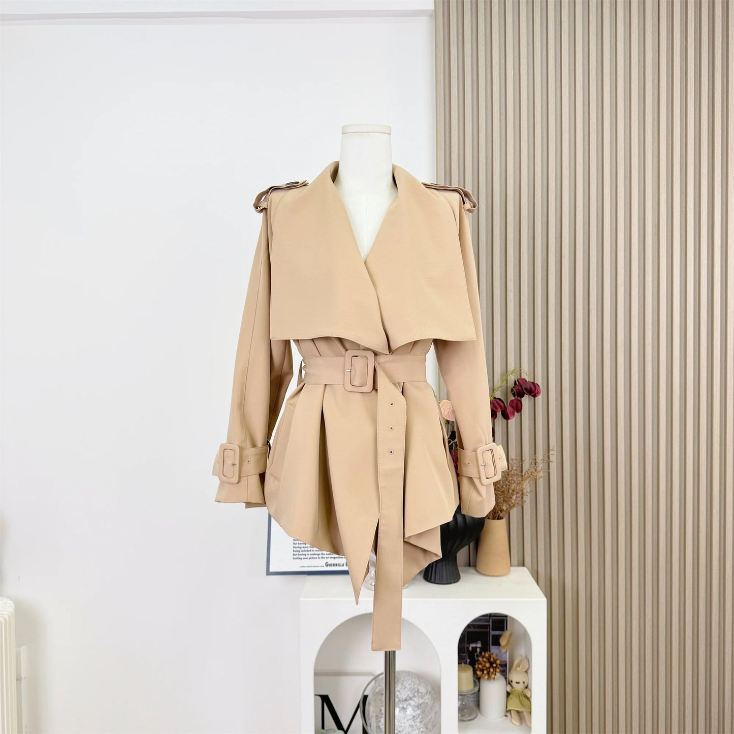 British Style Lapel High Waist Belted Lace up Trench Coat for Women Autumn Fashion Casual Slimming Jacket Women Tops F80