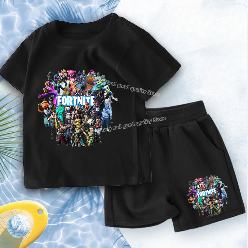 FORTNITED Anime Boy Summer T-shirt Set Kid Cotton Clothes 2pcs Short Baby Tops +Shorts Set Tee Sport Tracksuit Summer Outfits