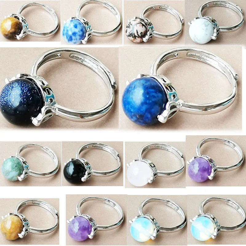 Tiger Eye Lapis Lazuli Opal Crystal Howlite Aventurine Blue Sand Carnelian Round Bead Ring  7~12" Adjust Size WB975
