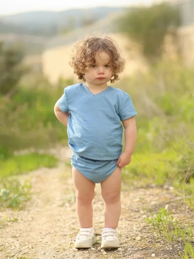 Malis 2024 Weekday Kids Denim Clothes Girls V Neck Long Dress Baby Denim Sets Boys Short Sleeve Shirt Outfits