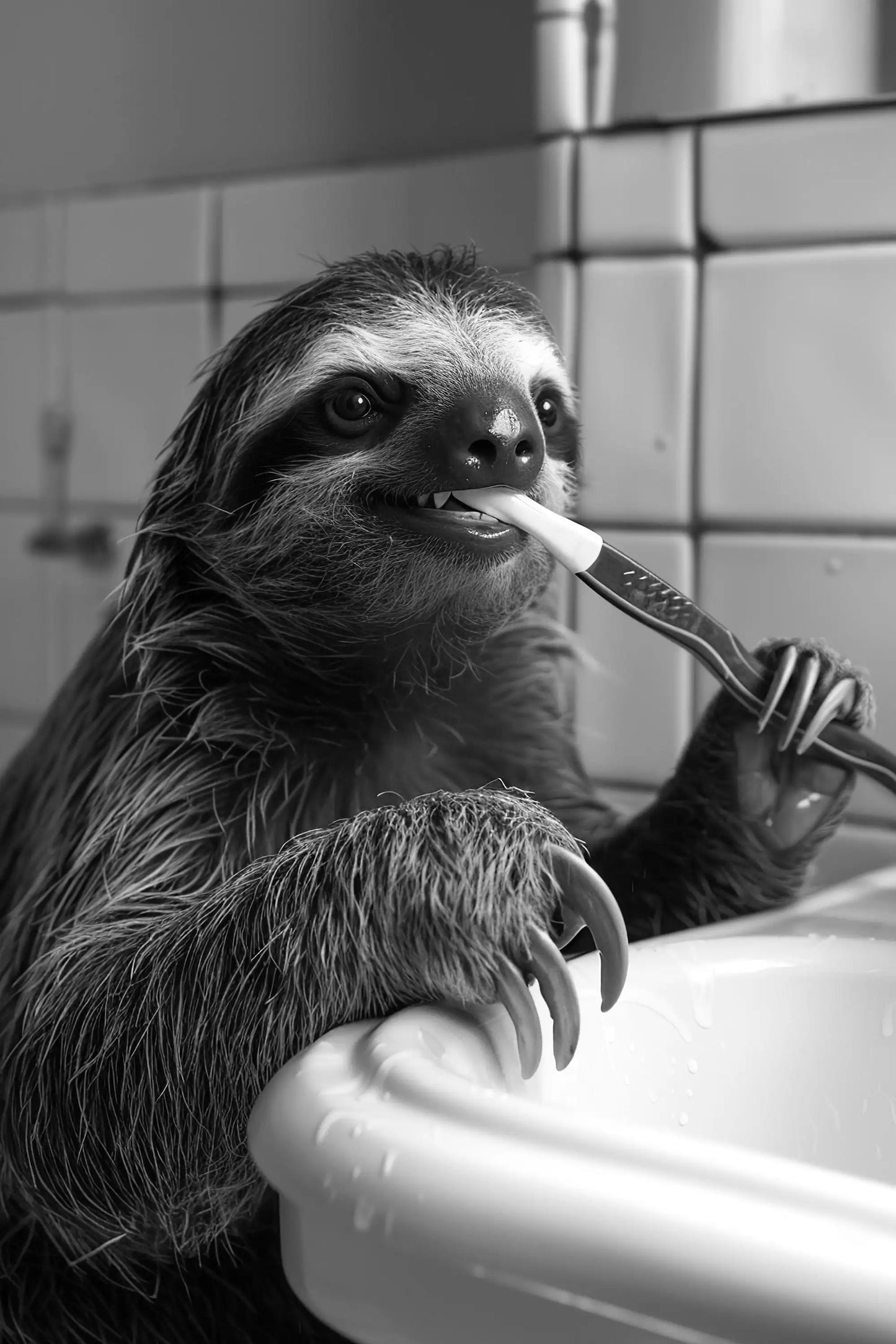 Black And White Cartoon Abstract Cute Animals Duck Hippo Panda Alpaca Brush teeth Posters Canvas Prints Art Home Room Wall Decor