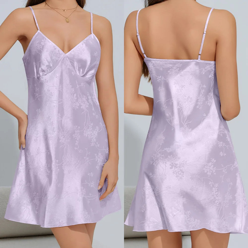 Sexy Suspender Nightgown Women's Chemise Sleepwear Lingerie White Ice Silk Jacquard Nightdress Summer New Home Dress Loungewear