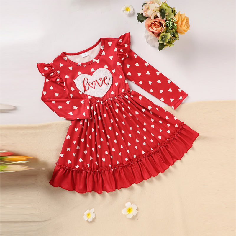 Toddler Girl's Cute 'LOVE' Embroidered Dress, Heart Print Long Sleeve