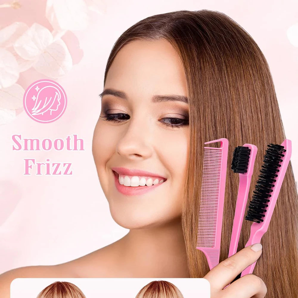 Slick Back Hair Brush Set: Hair Wax, Edge Brush, Rat Tail Comb, Bristle Brush, Smoothing Brush for Women & Kids