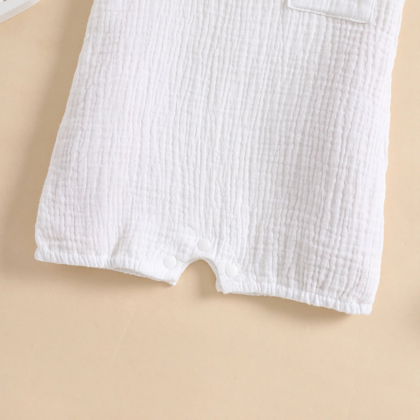 Baby Solid Color Clothes Set Short-sleeved Crew Neck Chest Pocket Jumpsuit Romper with Lace Hat for Summer