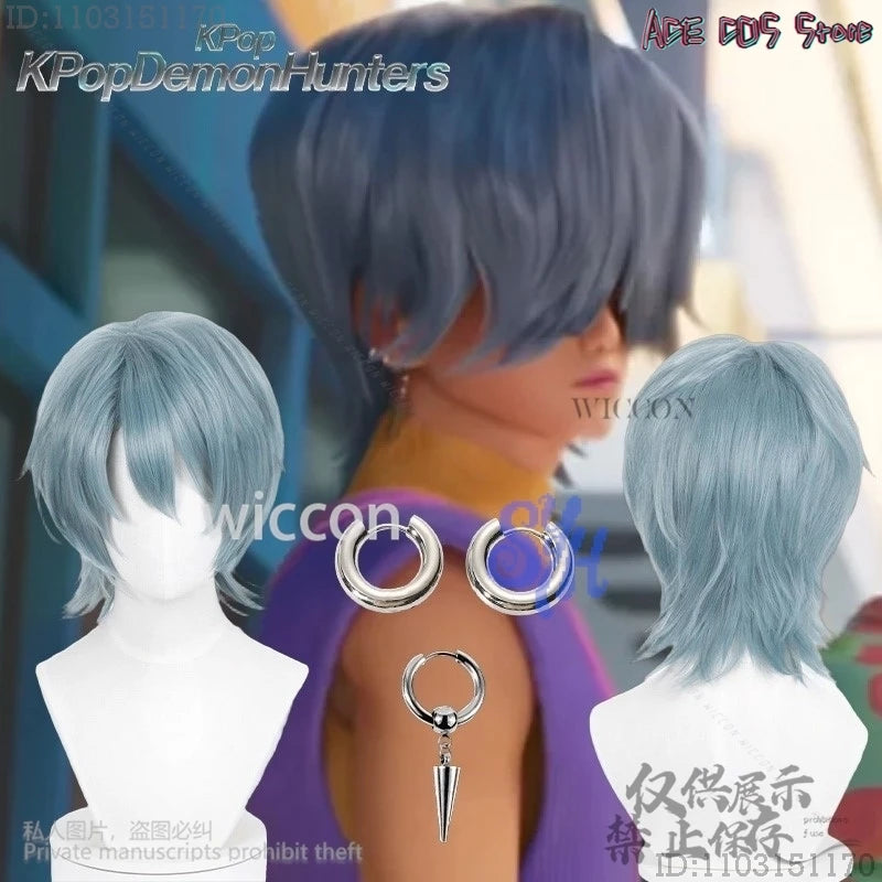 Anime Movie Demon Saja Boy Cosplay Mystery Purple-gray Wigs Curling Hair Accessories Synthetic Short Straight Hair Halloween Cos