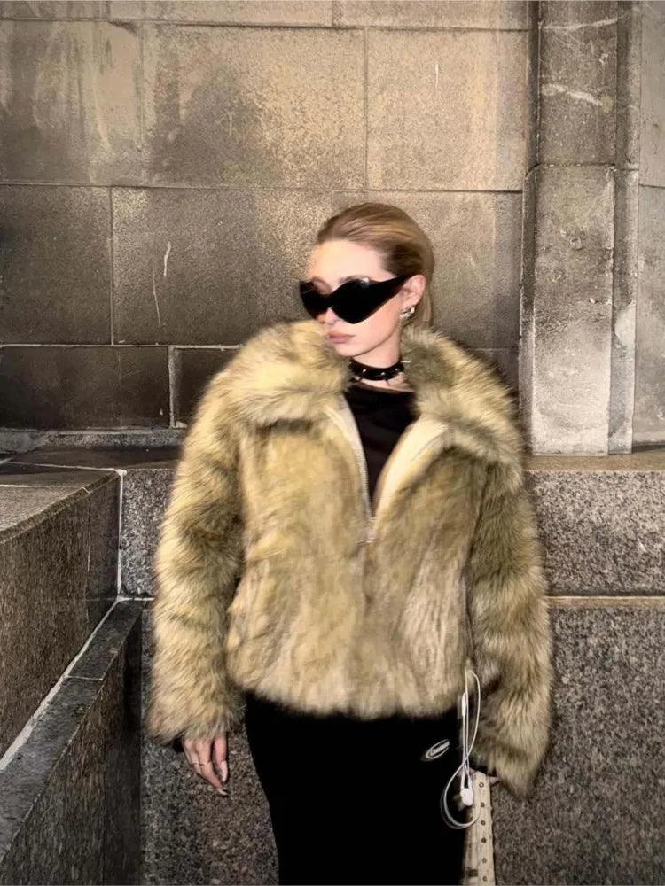 Women Faux Fur Coat Autumn Turn Down Collar Long Sleeve Women's Jacket with Zipper Fashion Female Coats