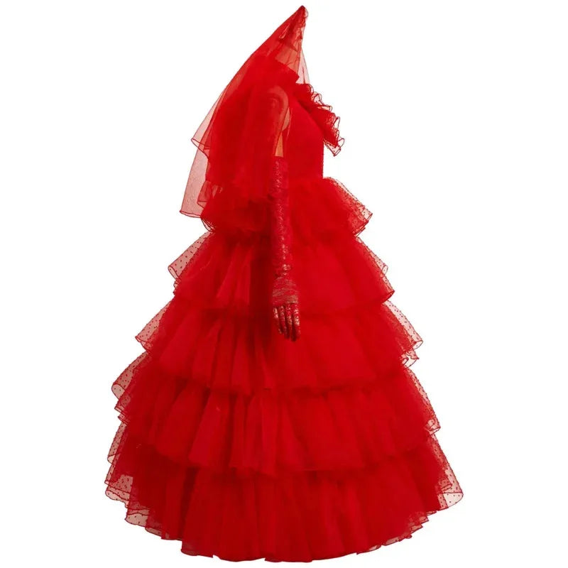 New 2025 Beetle Cosplay Juice Costume Lydia Red Wedding Dress Outfits Women Retro Long Sleeve Lace Tulle Bride Gown Hallo eqs9X