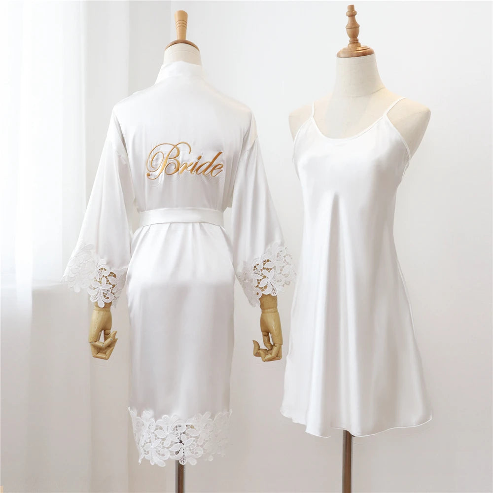Sexy Lace Bride Bridesmaid Kimono Dresses Robes Women Home Gown Intimate Lingerie Wedding Robe Set Night Sleepwear Bathrobe 2PCS