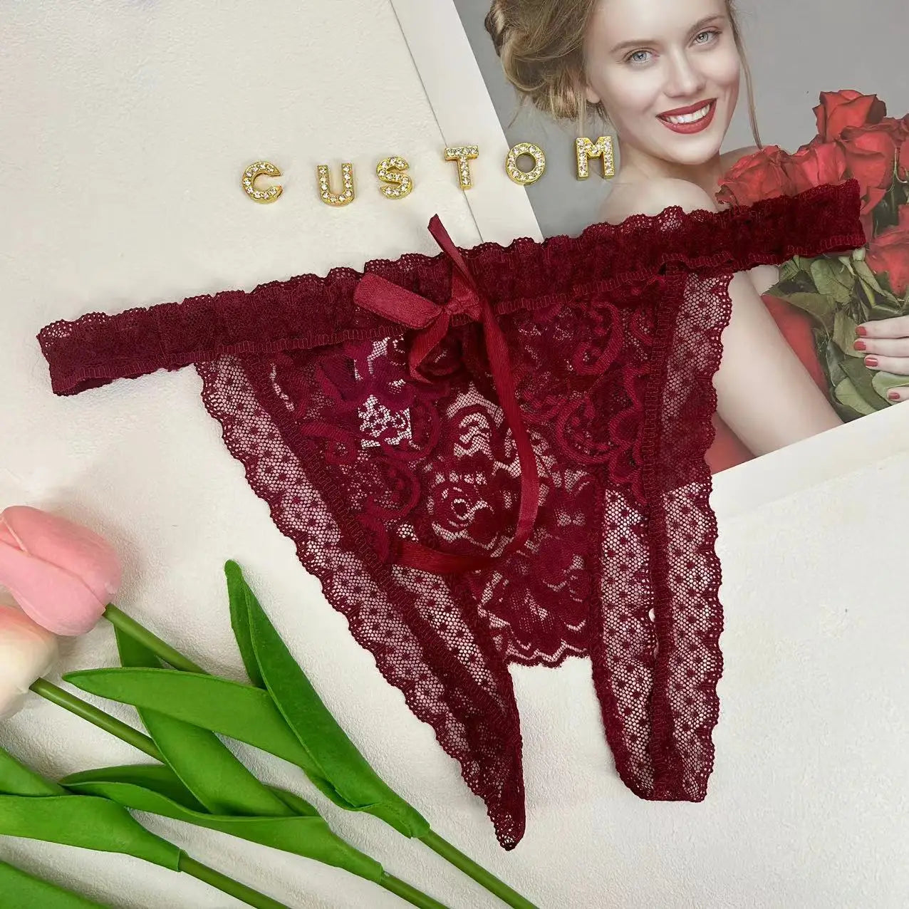 Custom Name Thong Sexy Lace Bowknot For Women Personality Panties With Crystal Letter Customize Hotwife Lingerie Gifts For Wife