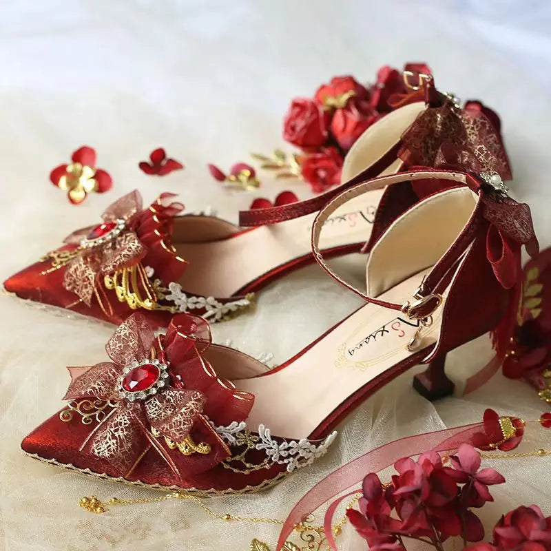 Advanced Red Handmade Romantic and Elegant French Red High Heels Princess Dress High Heels Women's Wedding Shoes