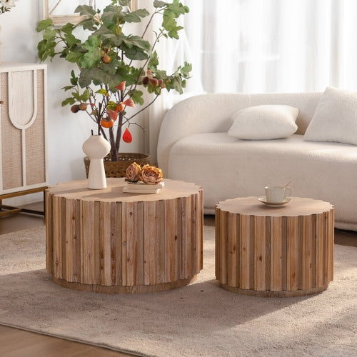 Round Nesting Coffee Tables Set of 2 with Vertical Slatted Wood-Look