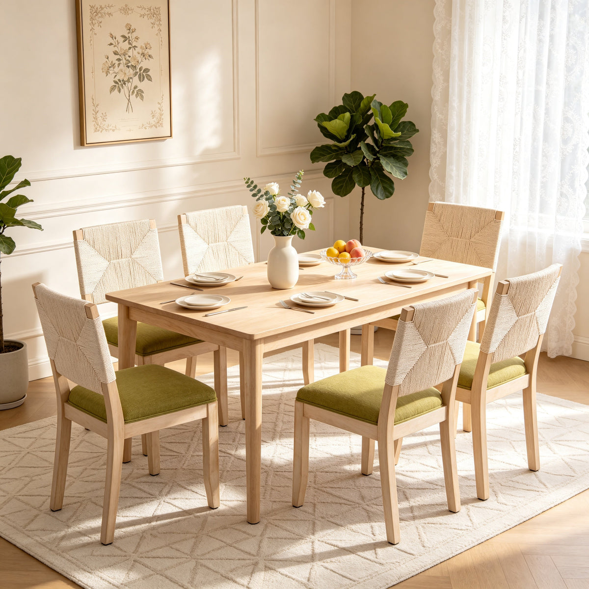 Dining Chairs Set of 2 with Woven Rope Backs and Linen Seats, French