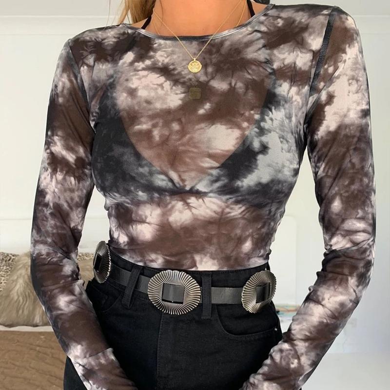 Transparent sexy Tie-Dye T shirt Women slim floral print long
