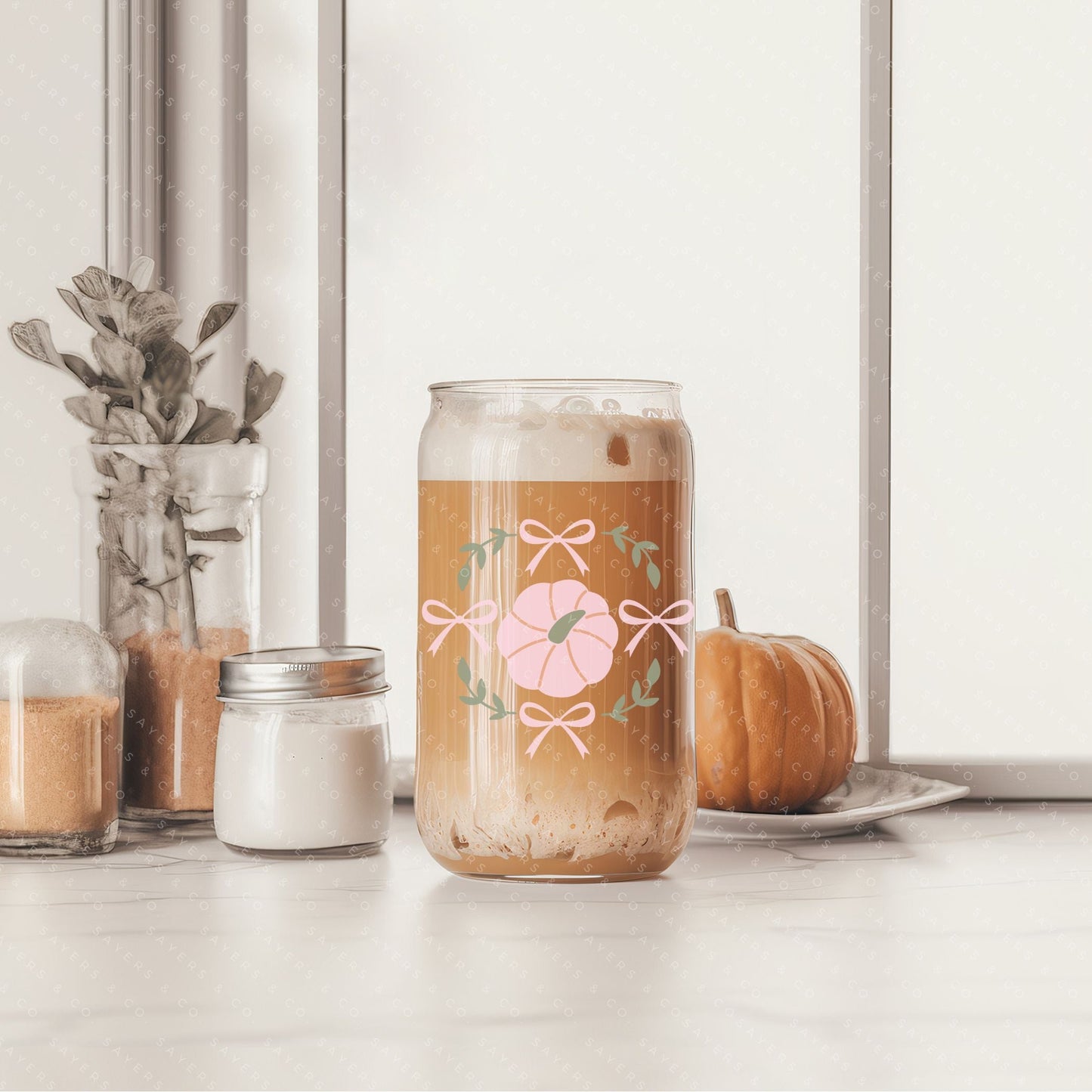 16oz Fall Girl Pink Pumpkin Glass Cup with Bamboo Lid & Straw #100175