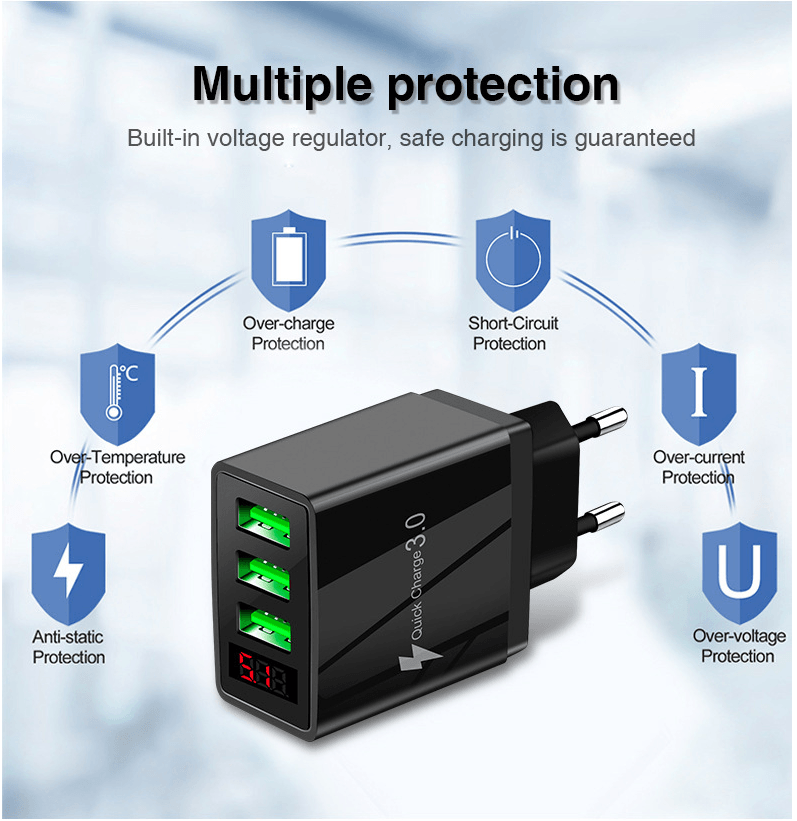 3-Port 2 pack USB Quick Wall Charger with LED Voltage Display - Safe &