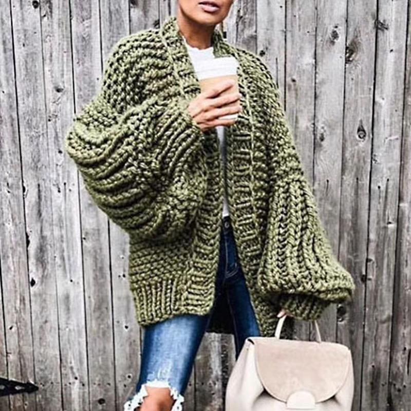 Long lantern sleeve black knitted cardigan Women loose sexy