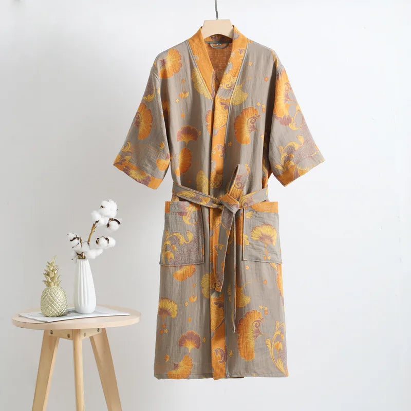 Double Layer Cotton Gauze Long Robe Retro Jacquard Kimono Bathrobe Gown Spring Summer Sleepwear Couple Pijama Loose Lingerie