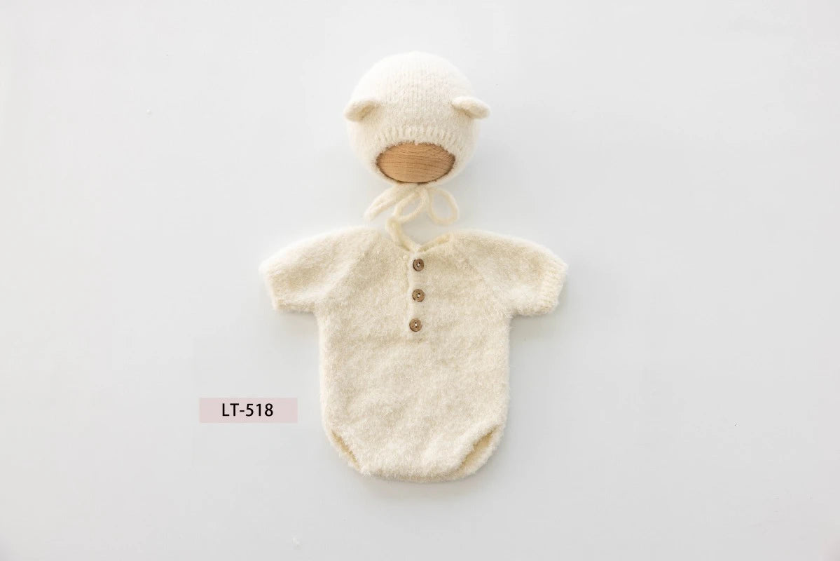 Newborn Photography Props Handmade Knitted Bear Clothes Costume Bodysuit with Hat and Cute Doll Set for Baby Studio Photo Shoot