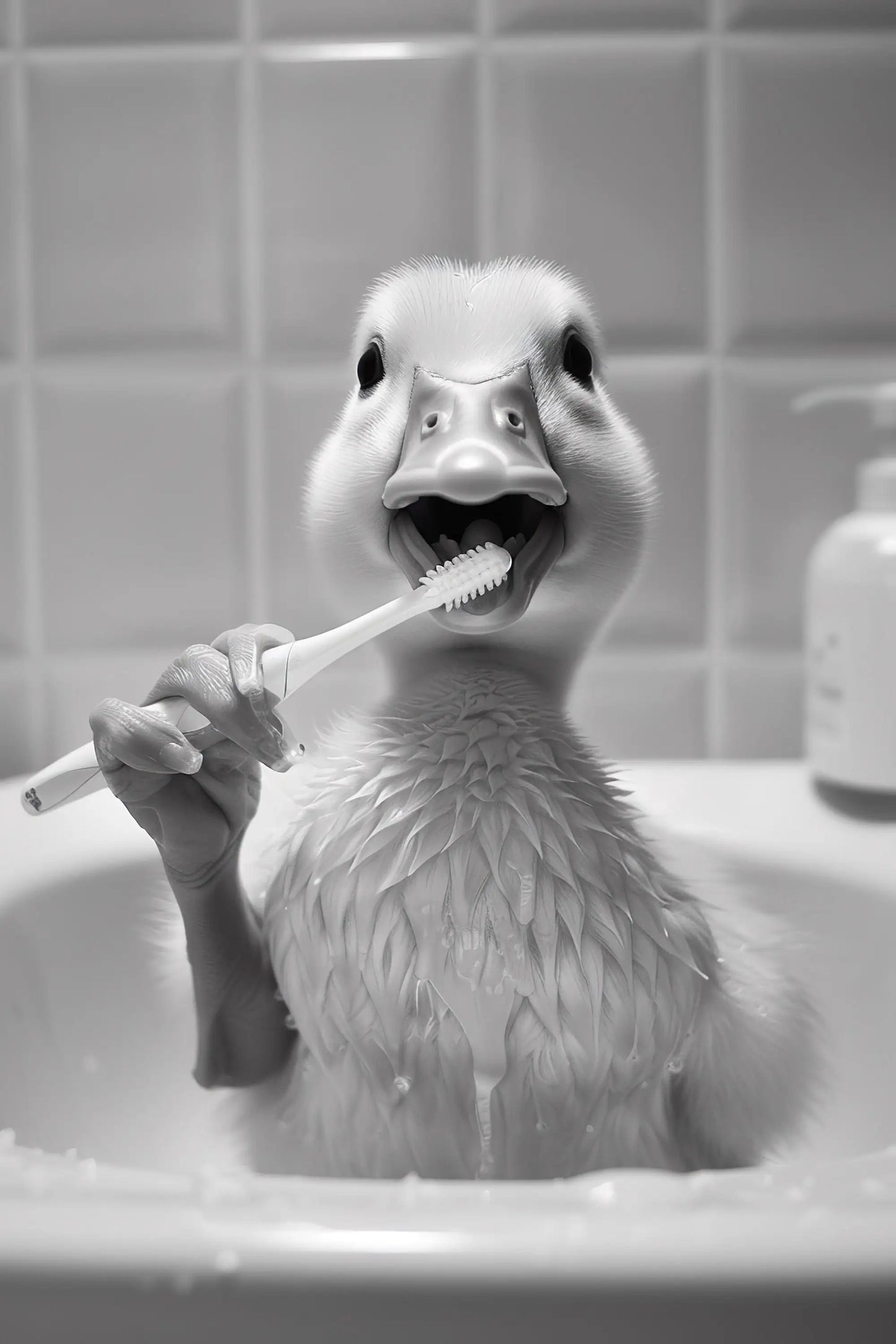 Black And White Cartoon Abstract Cute Animals Duck Hippo Panda Alpaca Brush teeth Posters Canvas Prints Art Home Room Wall Decor