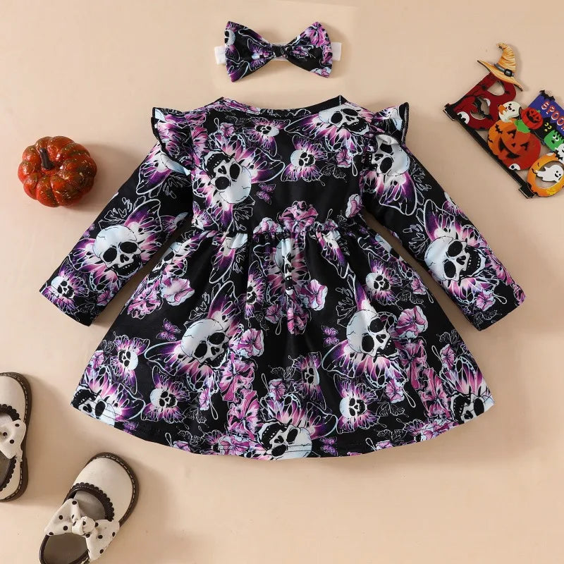 Halloween Children Costume Cute  Girl  Dress Long Sleeve Butterfly Skeleton Print Party Dress Gothic Outfit Baby Girls Clothes