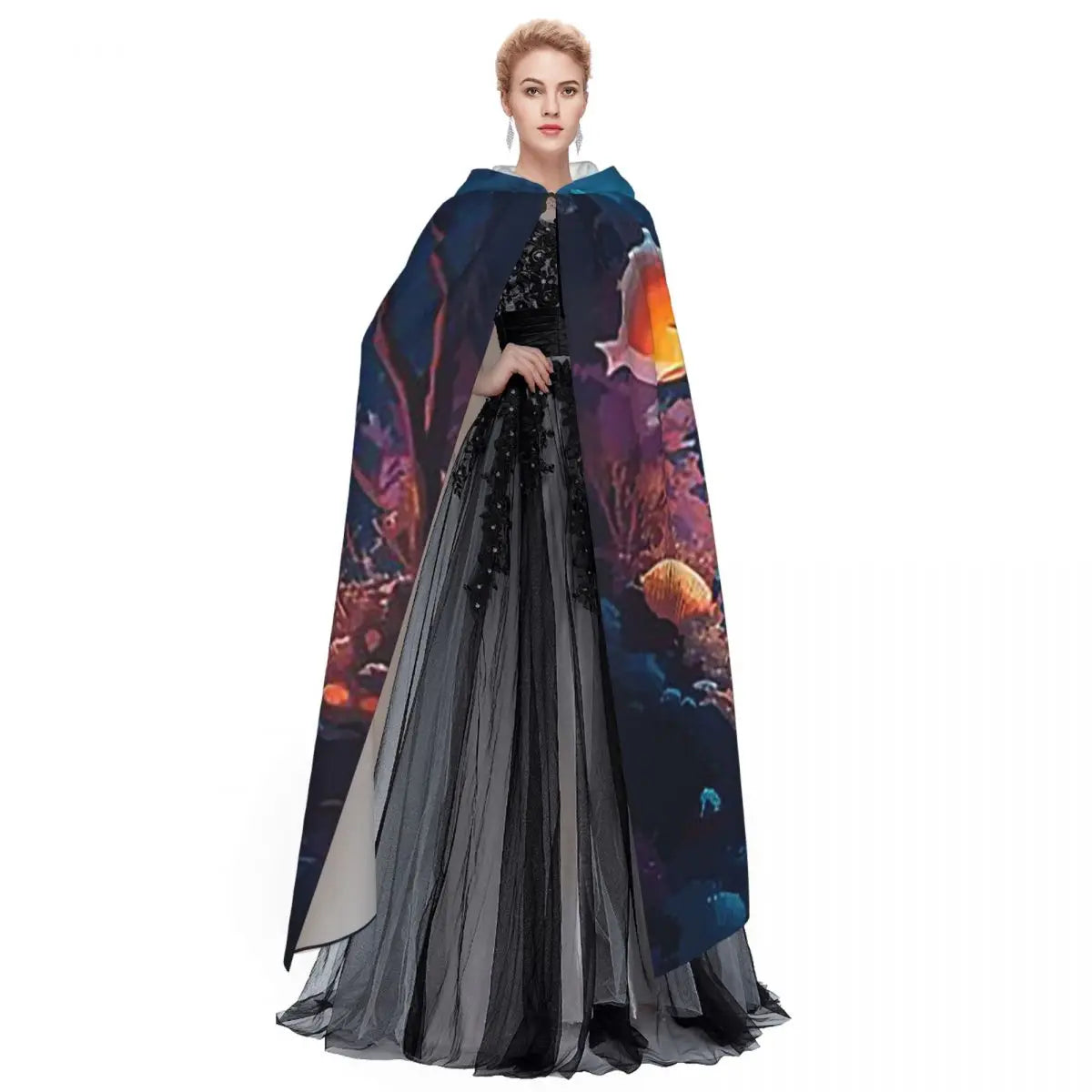 Underwater World Tropical Fish Long Hooded Cloak Witch Medieval Costume Cosplay Cape HalloweenCoat Adult Unisex