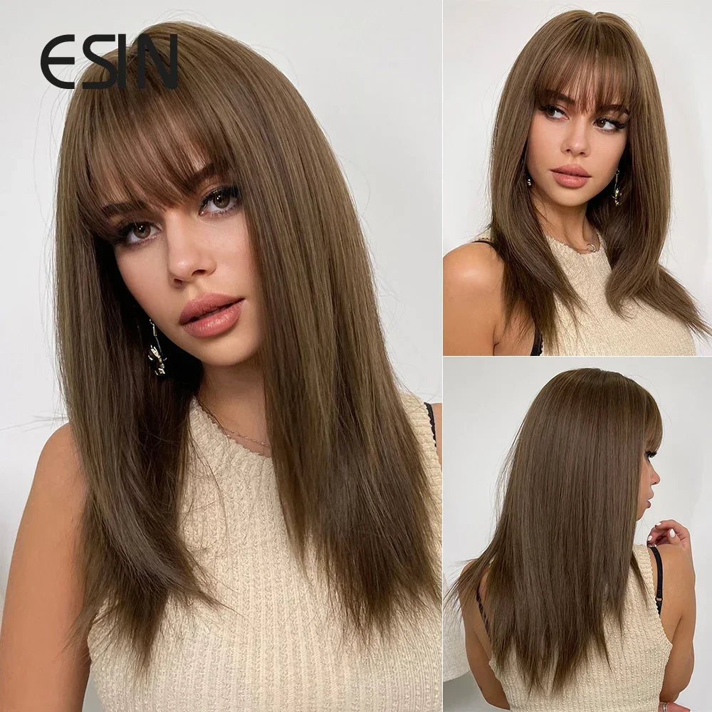 ESIN Synthetic Dark Brown Wig Long Wave Wigs for Women Hair Wig With Bangs Heat Resistant Party Daily Natural Use